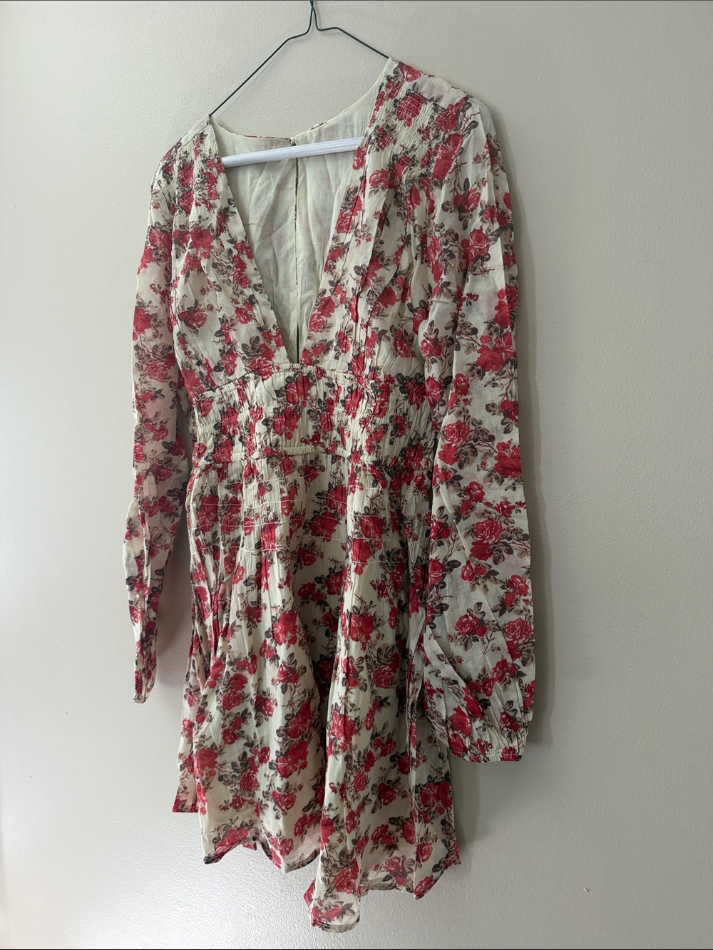 Free People Cream Floral V-Neck Long Sleeve Mini Dress